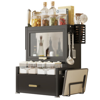 BAKAJI Ράφι Ντουλάπι Οργανωτής Μπαχαρικών με Γυάλινη Βιτρίνα και Συρτάρι Μαύρο Μέταλλο 02842262