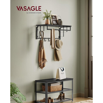 VASAGLE Κρεμάστρα Τοίχου με Ράφι, Ράβδο και Γάντζους σε Γκριζομαύρο Χρώμα 66x30x27 εκ. LCR012B13
