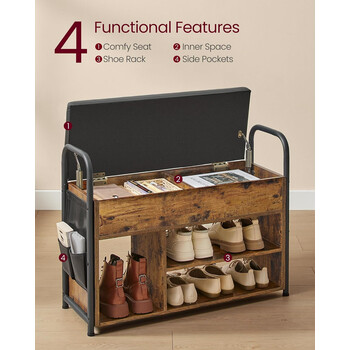 VASAGLE Πάγκος Παπουτσιών με Αποθηκευτικό Χώρο και Πλαϊνές Τσέπες 80.6x30x62.5εκ LSB052K01
