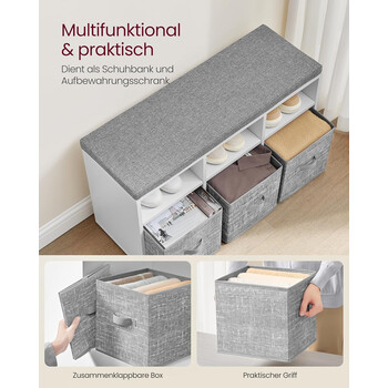 VASAGLE Πολυλειτουργικός πάγκος παπουτσιών με αποθηκευτικά κουτιά και ρυθμιζόμενα ράφια, λευκό-γκρι, 87x30x48 εκ. LSB101W14