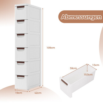 Costway Ντουλάπι Αποθεύκεσης για Μπάνιο με ρόδες και 6 συρτάρια, Λευκό και Στενό 40x30x90 εκ. JV11496WH