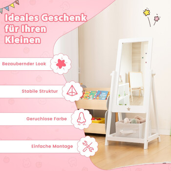 Παιδικός Καθρέφτης Δαπέδου Ολόσωμος με Αποθηκευτικό Χώρο και Περιστροφή 360° 45 x 40 x 112 cm - Λευκό HY10302WH Costway