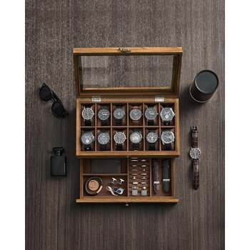 SONGMICS Ξύλινη Θήκη Ρολογιών 12 Θέσεων 34x19x12.5cm με Γυάλινο Καπάκι και Κοσμηματοθήκη JOW012K01