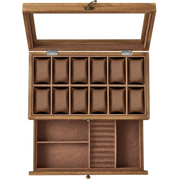 SONGMICS Ξύλινη Θήκη Ρολογιών 12 Θέσεων 34x19x12.5cm με Γυάλινο Καπάκι και Κοσμηματοθήκη JOW012K01