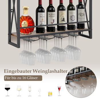 Costway Μεταλλική Ραφιέρα Κρασιού Με Γυαλοθήκη σε Βιομηχανικό Σχεδιασμό Rustikales Braun με 3 Επίπεδα JV13101