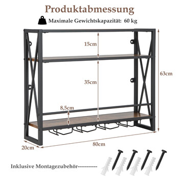 Costway Μεταλλική Ραφιέρα Κρασιού Με Γυαλοθήκη σε Βιομηχανικό Σχεδιασμό Rustikales Braun με 3 Επίπεδα JV13101