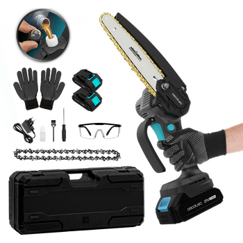 Cecotec Αλυσοπρίονο Χειρός 6" MontanaForce 6000 με κινητήρα Brushless, Μπαταρία 21V και Λίπανση με κουμπί. Περιλαμβάνει βαλιτσάκι, επιπλέον αλυσίδα και σετ αξεσουάρ. CEC-106755