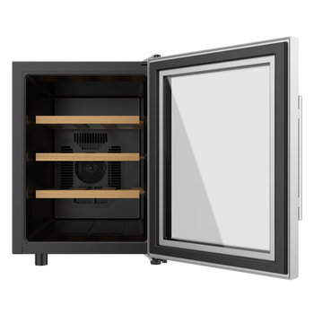Cecotec Συντηρητής Κρασιών Bolero GrandSommelier 1255 CoolWood, Χωρητικότητα 12 Φιάλες, Αθόρυβο 35dB, Θερμοκρασία 8-18ºC, Υγρασία 50%-80%, Ξύλινα Ράφια, Αφή, Κατηγορία Ε, Φωτισμός LED, Ανοξείδωτο Ατσάλι CEC-109980
