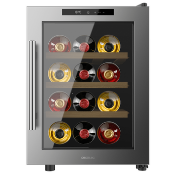Cecotec Συντηρητής Κρασιών Bolero GrandSommelier 1255 CoolWood, Χωρητικότητα 12 Φιάλες, Αθόρυβο 35dB, Θερμοκρασία 8-18ºC, Υγρασία 50%-80%, Ξύλινα Ράφια, Αφή, Κατηγορία Ε, Φωτισμός LED, Ανοξείδωτο Ατσάλι CEC-109980