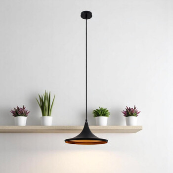 Armonia Lux - Κρεμαστό Φωτιστικό E27 Μονόφωτο Industrial Μέταλλο Μαύρο Χρυσό Εσωτερικό Καμπάνα - Μ37 x Π37 x Υ20cm