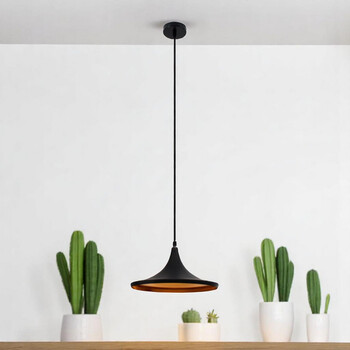 Armonia Lux - Κρεμαστό Φωτιστικό E27 Μονόφωτο Industrial Μέταλλο Μαύρο Χρυσό Εσωτερικό Καμπάνα - Μ37 x Π37 x Υ20cm