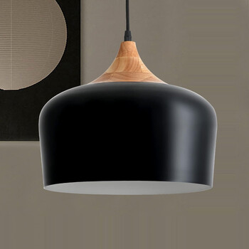 Nordic Black Wood - Κρεμαστό Μονόφωτο E27 Μοντέρνο Μέταλλο-Ξύλο Μαύρο Καμπάνα - Μ35 x Π35 x Υ27cm