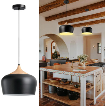 Nordic Black Wood - Κρεμαστό Μονόφωτο E27 Μοντέρνο Μέταλλο-Ξύλο Μαύρο Καμπάνα - Μ35 x Π35 x Υ27cm