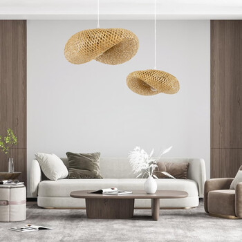 Bamboo Wave - Κρεμαστό Μονόφωτο E27 Boho Μπαμπού Φυσικό Πλέγμα - Μ40 x Π30 x Y18cm