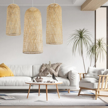 Bamboo Tower - Κρεμαστό Μονόφωτο E27 Boho Μπαμπού Φυσικό Πλέγμα - Μ25 x Π25 x Υ50cm