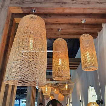 Bamboo Tower - Κρεμαστό Μονόφωτο E27 Boho Μπαμπού Φυσικό Πλέγμα - Μ25 x Π25 x Υ50cm