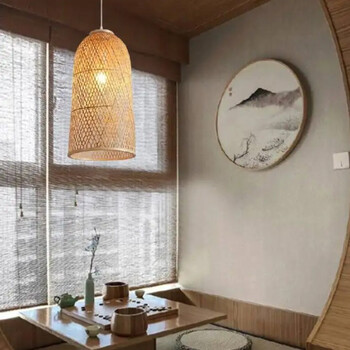 Bamboo Tower - Κρεμαστό Μονόφωτο E27 Boho Μπαμπού Φυσικό Πλέγμα - Μ25 x Π25 x Υ50cm