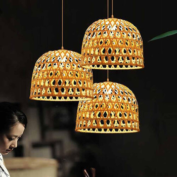 Bamboo Light - Κρεμαστό Μονόφωτο E27 Boho Μπαμπού Φυσικό Πλέγμα - Μ35 x Π35 x Υ22cm