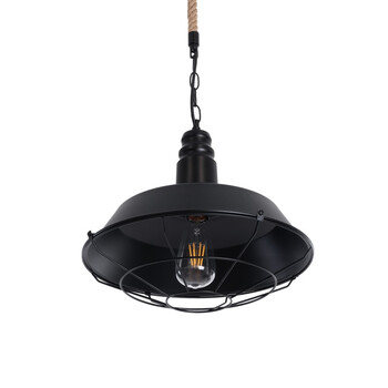 Rope Cage - Κρεμαστό Μονόφωτο E27 Industrial Μέταλλο Μαύρο Με Σχοινί Πλέγμα - Μ36 x Π36 x Υ30cm