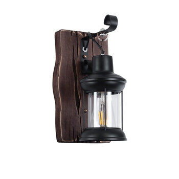 Vintage Lantern - Επιτοίχιο Μονόφωτο E27 Classic Ξύλο - Μέταλλο Καφέ - Μαύρο Φανάρι - Μ15 x Π20 x Υ30cm