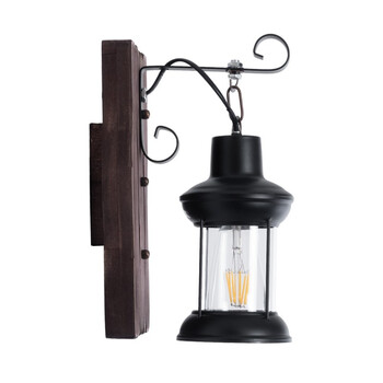 Vintage Lantern - Επιτοίχιο Μονόφωτο E27 Classic Ξύλο - Μέταλλο Καφέ - Μαύρο Φανάρι - Μ15 x Π20 x Υ30cm