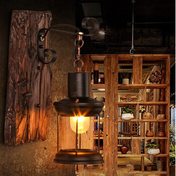 Vintage Lantern - Επιτοίχιο Μονόφωτο E27 Classic Ξύλο - Μέταλλο Καφέ - Μαύρο Φανάρι - Μ15 x Π20 x Υ30cm