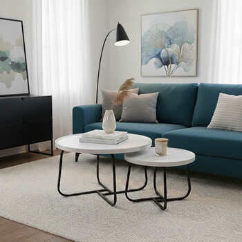 Tραπέζια σαλονιού Crismory pakoworld σετ 2τεμ MDF σε απόχρωση λευκό μαρμάρου και μαύρα μεταλλικά πόδια