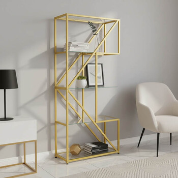 Ραφιέρα Aylan pakoworld γυαλί - μέταλλο σε χρυσή απόχρωση 100x30x200εκ