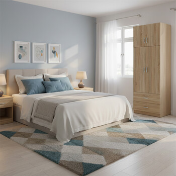 Ντουλάπα δίφυλλη με 2 συρτάρια και πατάρι Lego pakoworld σε oak απόχρωση 80x42x240εκ