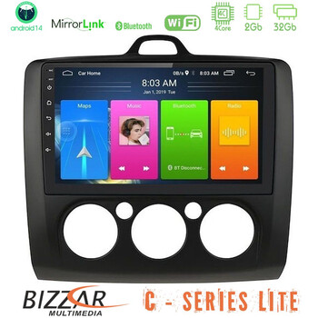 Bizzar c Series Lite 4core Android14 2+32gb  Ford Focus Manual ac Navigation Multimedia Tablet 9" (Μαύρο Χρώμα) u-c-Fd0041mb