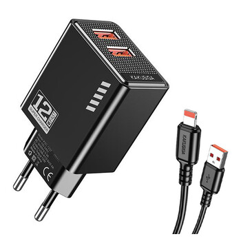 KAKUSIGA φορτιστής τοίχου KSC-1238 με καλώδιο Lightning, 2x USB, 12W, μαύρος
