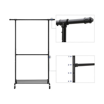 Μεταλλική Κρεμάστρα Ρούχων Δαπέδου 130 x 198 x 49 cm με Ρόδες Songmics HSR62BK