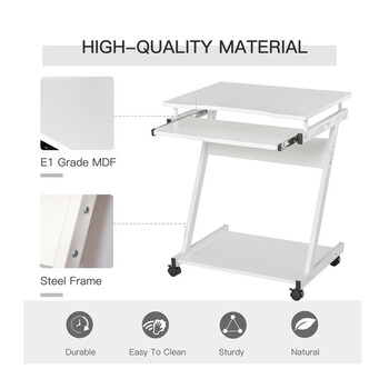 Τροχήλατο Μεταλλικό Γραφείο Υπολογιστή με Θέση για Πληκτρολόγιο 60 x 48 x 73 cm Χρώματος Λευκό HOMCOM 836-293WT