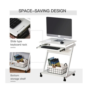 Τροχήλατο Μεταλλικό Γραφείο Υπολογιστή με Θέση για Πληκτρολόγιο 60 x 48 x 73 cm Χρώματος Λευκό HOMCOM 836-293WT