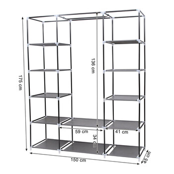 Φορητή Υφασμάτινη Ντουλάπα με Μεταλλικό Σκελετό 175 x 150 x 45 cm Χρώματος Γκρι Songmics LSF03G