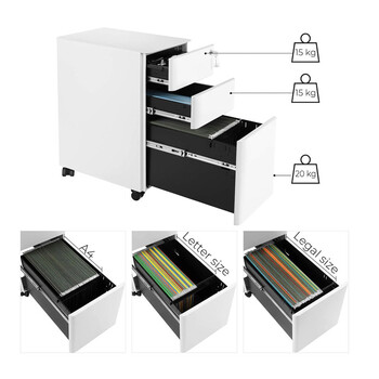 Τροχήλατη Μεταλλική Συρταριέρα Γραφείου με 3 Συρτάρια 30 x 46 x 59.5 cm Songmics OFC030W01