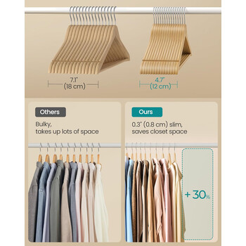 SONGMICS Σετ 30 τμχ Ξύλινες Κρεμάστρες από Μασίφ Ξύλο Σημύδας, Φυσικό Μπεζ CRW030K01