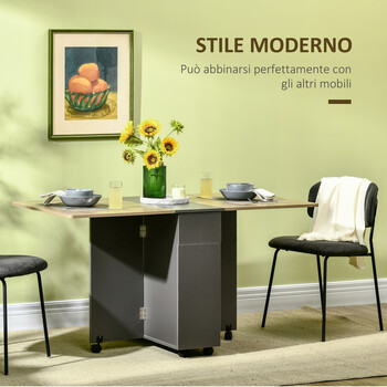 Τραπεζαρία HOMCOM Πτυσσόμενη ορθογώνια μοριοσανίδα με 2 συρτάρια, ντουλάπι και 6 τροχίσκους, μέγ. 6 Άτομα, 140x76x76cm, Χρώμα ξύλου 835-605