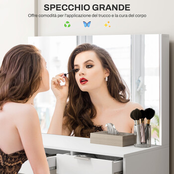 Σετ τραπεζιού μακιγιάζ HOMCOM με καθρέφτη και 5 συρτάρια 97.2x44.5x136.5 cm και επενδυμένο σκαμπό 40x24x46 cm Λευκό 831-750V80WT