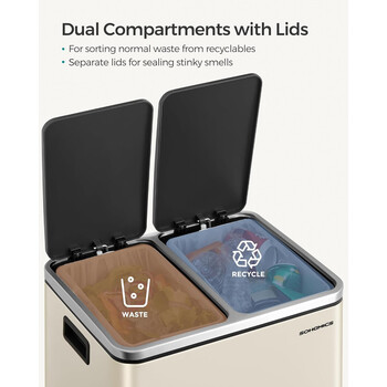 SONGMICS Διπλός Κάδος Απορριμμάτων 15L με Πεντάλ και Απαλό Κλείσιμο Καπακιού, Μπεζ/Μαύρο, 41.5x35.5x47.6cm LTB30A02