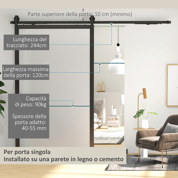 Σετ συρόμενης πόρτας HOMCOM 90kg max Εξοικονόμηση χώρου από ανθρακούχο χάλυβα με αξεσουάρ 244x0,5x4 cm, Μαύρο B81-039V02BK