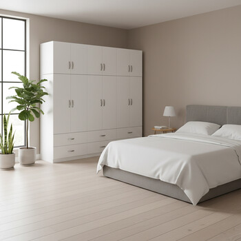 Ντουλάπα εξάφυλλη με συρτάρια και πατάρι Lego pakoworld λευκή 240x42x240εκ