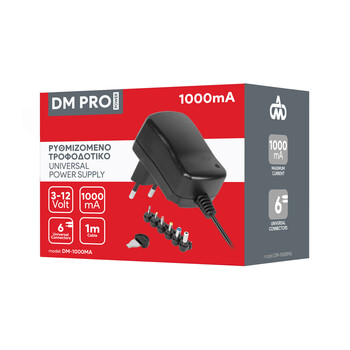 DM-1000MA . Ρυθμιζόμενο Universal Τροφοδοτικό 3-12V 1000mA 12W με σετ βυσμάτων DM PRO Power