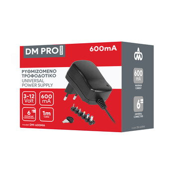 DM-600MA . Ρυθμιζόμενο Universal Τροφοδοτικό 3-12V 600mA 7.2W με σετ βυσμάτων DM PRO Power