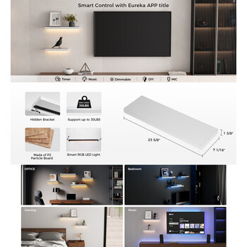 Ράφια τοίχου με φωτισμό - Eureka Ergonomic® ERK-AFS-24-W-EU 600x180x36mm