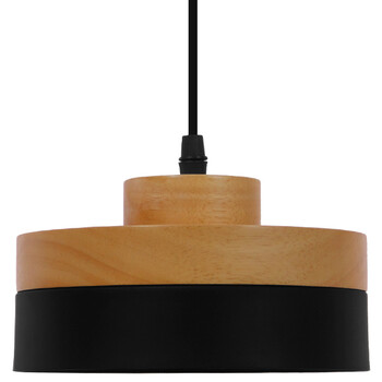GloboStar® RUHIEL 01233 Μοντέρνο Κρεμαστό Φωτιστικό Οροφής Μονόφωτο 1 x E27 Μαύρο Μεταλλικό με Φυσικό Ξύλο Καμπάνα Φ18 x Y12cm