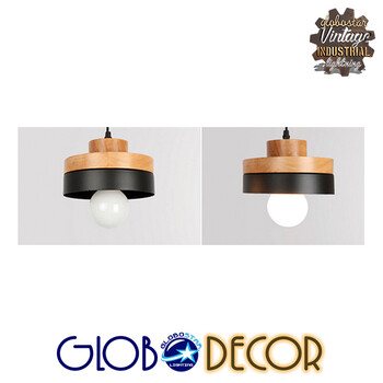 GloboStar® RUHIEL 01233 Μοντέρνο Κρεμαστό Φωτιστικό Οροφής Μονόφωτο 1 x E27 Μαύρο Μεταλλικό με Φυσικό Ξύλο Καμπάνα Φ18 x Y12cm