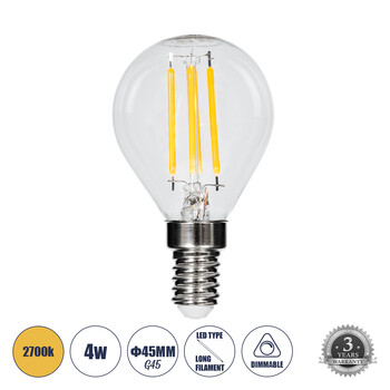 GloboStar® 99003 Λάμπα E14 G45 Γλομπάκι LED FILAMENT 4W 440 lm 320° AC 85-265V Edison Retro με Διάφανο Γυαλί Θερμό Λευκό 2700 K Dimmable