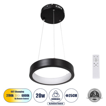 GloboStar® NEMESIS 61152 Κρεμαστό Φωτιστικό Δαχτυλίδι-Κύκλος LED CCT 20W 2356lm 360° AC 220-240V - Εναλλαγή Φωτισμού μέσω Τηλεχειριστηρίου All In One Ψυχρό 6000k+Φυσικό 4500k+Θερμό 2700k Dimmable Φ25cm - Μαύρο - 3 Years Warranty
