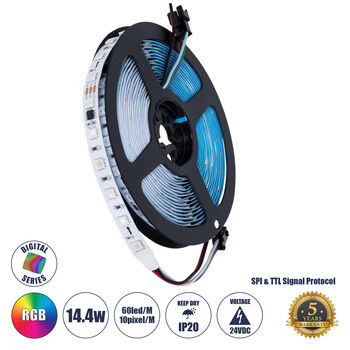 GloboStar® 90596 Digital Pixel Addressable Strip - Ψηφιακή Ταινία LED SMD 5050 14.4W/m 60LED/m 10PIXEL/m SPI/TTL Protocol IC WS2811/SM16703P 1152lm/m 120° DC 24V IP20 RGB - Λευκό Σώμα - Μ5000 x Π10 x Υ2mm - Συσκευασία 5 Μέτρων - 5 Χρόνια Εγγύηση